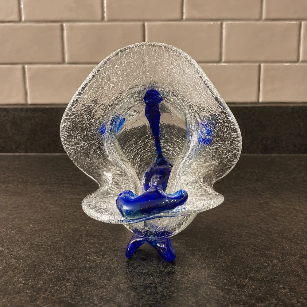Art Glass Mexican Fish Crackle Glass Cobalt Blue Nautical Big Mouth Ashtray